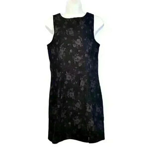 A FORTIORI Womans BLACK FITTED Dress FLORAL ASIAN Print STRETCH Zip Back size Lg